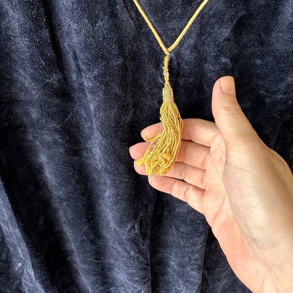 Vintage Retro Navy Velour Mrs Roper Caftan w/ Gold Piping & Tassel Winter, OS - Picture 3 of 7